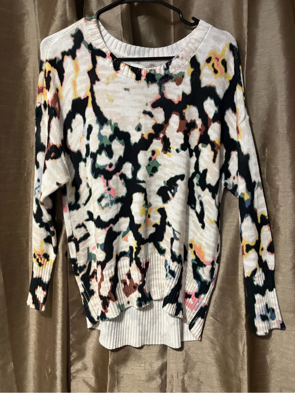 NIC+ZOE Cream Abstract Print Crewneck Sweater with Black Accents